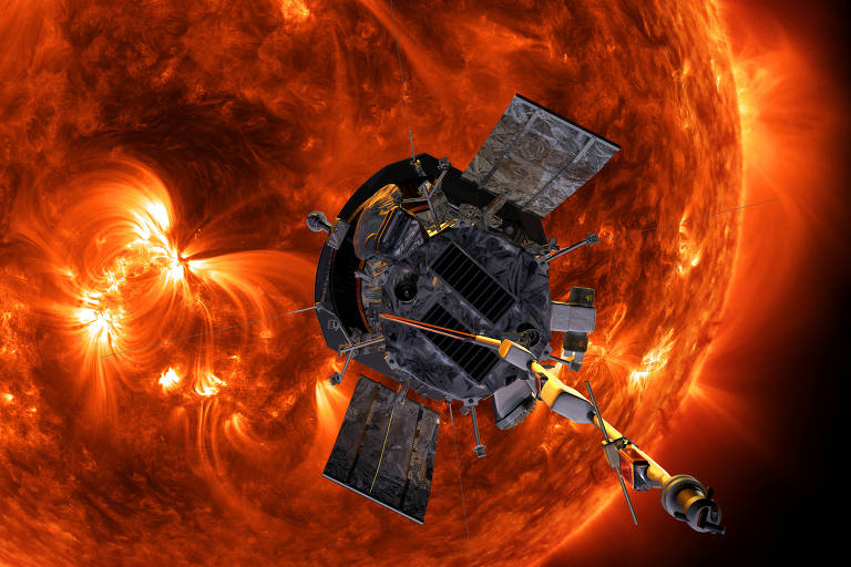 Arte de 2018 mostra a sonda Parker Solar Probe voando na atmosfera externa do Sol， chamada coroa， em uma missão para ajudar cientistas a aprender mais sobre a estrela