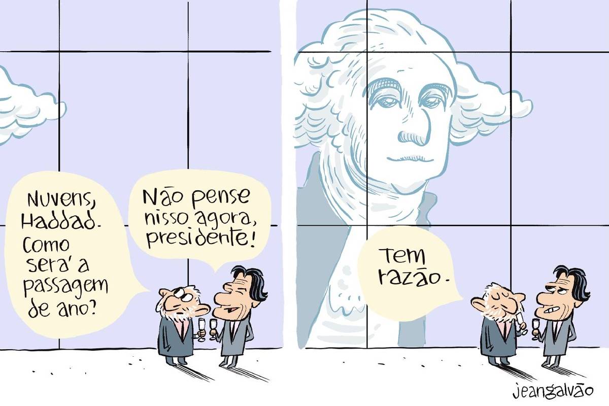 A charge de Jean Galvão publicada na Folha tem dois quadros.  Na charge, Lula e Haddad estão conversando no gabinete da presidência. Eles estão em frente à janela que ocupa uma parede inteira. Lula olha para o céu atrás e comenta: “Nuvens, Haddad. Como será a passagem de ano?”. Haddad responde: “Não pense nisso agora, presidente!”.    Lula deixa de olhar para o céu e diz: “Tem razão”. No segundo quadro a ponta de nuvem que estava no céu avança revelando ser a ponta do cabelo de um George Washington (da cédula do dólar) gigante.