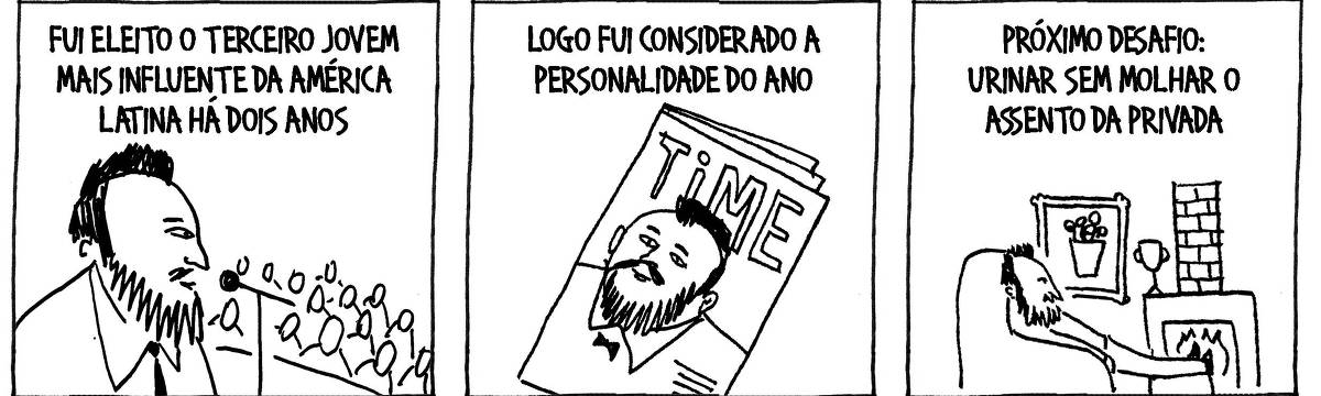 A tira de André Dahmer, publicada em 28.12.2024, tem três quadrinhos. No primeiro, um rapaz fala para uma grande plateia. A legenda diz: "Fui eleito o terceiro jovem mais influente da América Latina há dois anos". No segundo quadro, o personagem aparece na capa da revista Time. A legenda diz: Logo fui considerado a personalidade do ano". No terceiro e último quadro, o personagem aparece sentado em uma poltrona, de frente para uma lareira. Há um troféu na bancada. a. A legenda diz: "Próximo desafio: urinar sem molhar o assento da privada".