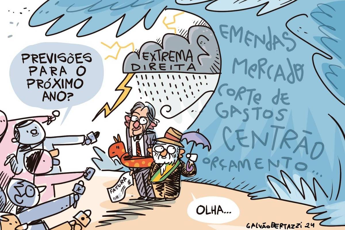 A imagem é uma charge que retrata uma cena política. No centro, duas figuras estão em pé, uma delas segurando um inflável em forma de animal e uma fatura, enquanto a outra usa um chapéu e segura um guarda-chuva. Ao fundo, uma nuvem com a inscrição 'EXTREMA DIREITA' está acompanhada de raios e chuva. Em volta, várias mãos se estendem em direção a eles, com a pergunta 'PREVISÕES PARA O PRÓXIMO ANO?' em um balão de fala. Palavras como 'EMENDAS', 'MERCADO', 'CORTE DE GASTOS' e 'CENTRÃO' estão escritas na parte de trás.