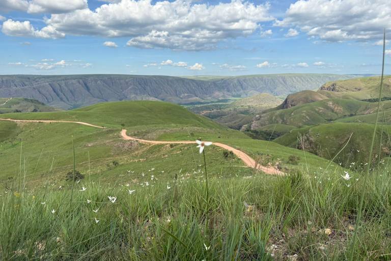 A imagem mostra uma vasta paisagem de colinas verdes sob um céu azul com nuvens brancas. No primeiro plano, há flores brancas e um caminho de terra que serpenteia pelas colinas. Ao fundo, é possível ver uma grande formação de montanhas e um vale.