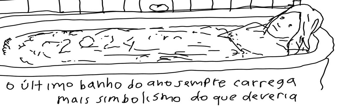 A tirinha em preto e branco de Estela May, publicada em 31/12/24, traz uma pessoa dentro da banheira. Nas espumas do banho, lê-se “2024”. Embaixo da imagem, “o último banho do ano sempre carrega mais simbolismo do que deveria”.