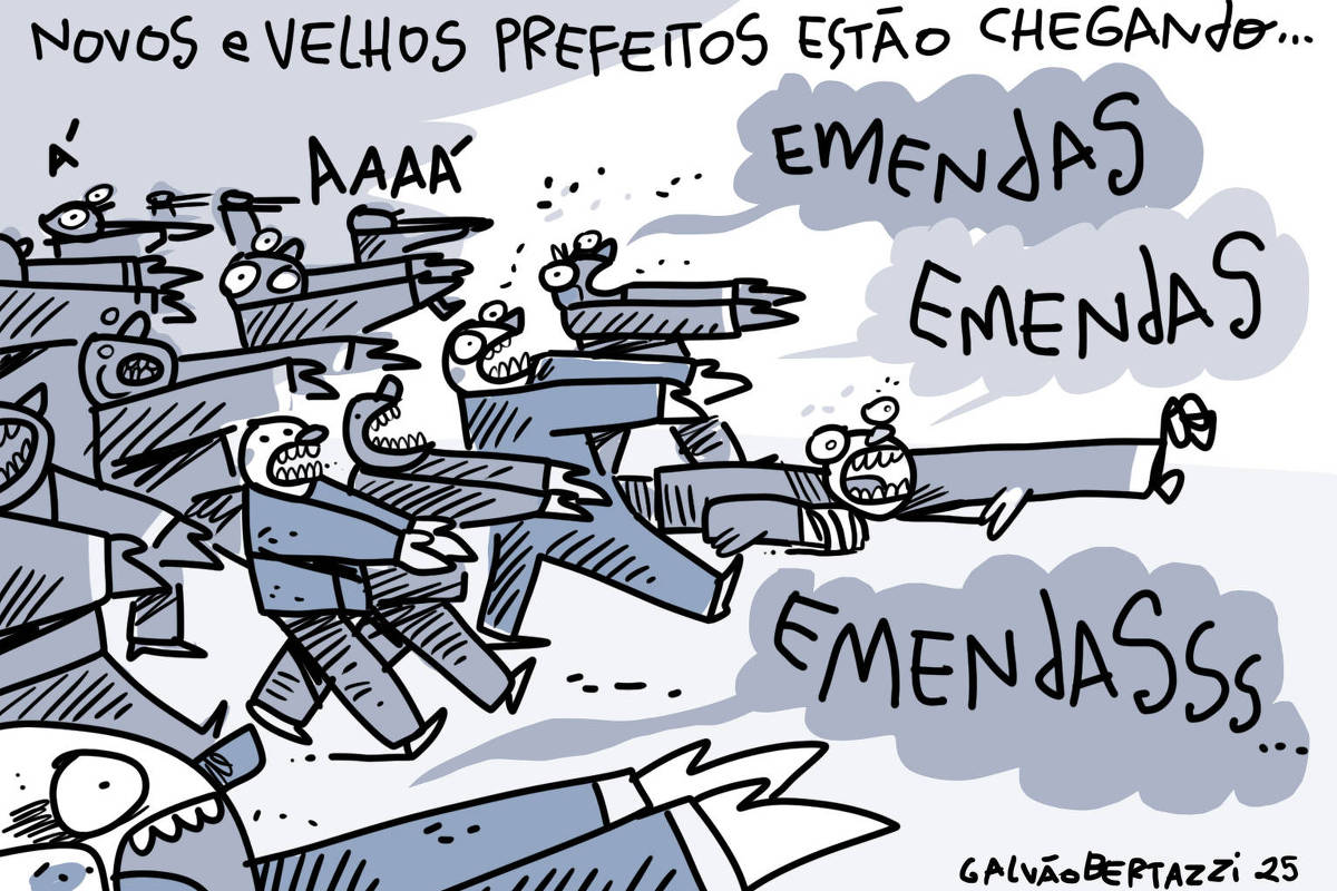 Na charge de Galvão Bertazzi temos a legenda: Novos e velhos prefeitos estão chegando.... Temos o desenho de uma horda de prefeitos marchando como se fossem zumbis. Todos com as mãos estendidas e falando repetidamente: EMENDAS! EMENDAS! EMENDASSSSS...