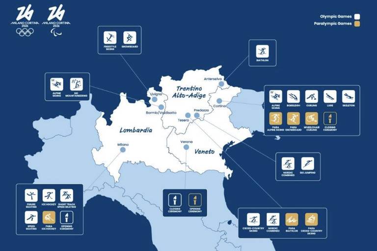 O mapa mostra as localidades e os eventos dos Jogos Olímpicos e Paralímpicos de Inverno de 2026 em Milão e Cortina d039;Ampezzo， na Itália. As regiões destacadas incluem Lombardia， Trentino Alto-Adige e Veneto， com ícones representando diferentes modalidades esportivas， como esqui alpino， snowboard， biatlo， e cerimônias de abertura e encerramento.
