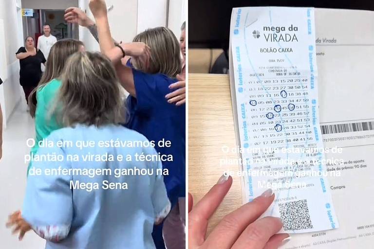 A imagem é dividida em duas partes. À esquerda, um grupo de pessoas, incluindo profissionais de saúde, celebra animadamente em um corredor de hospital, com sorrisos e gestos de alegria. À direita, uma mão segura um bilhete da Mega Sena, com números marcados e a inscrição 'mega da virada'. O texto na imagem diz: 'O dia em que estávamos de plantão na virada e a técnica de enfermagem ganhou na Mega Sena'.