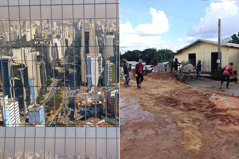 A imagem é dividida em duas partes. À esquerda， há um reflexo de arranha-céus e ruas de uma cidade em um edifício de vidro， mostrando uma paisagem urbana moderna. À direita， uma cena de construção em uma área rural ou suburbana， onde várias pessoas estão trabalhando em um terreno de terra batida， com uma betoneira e uma casa simples ao fundo