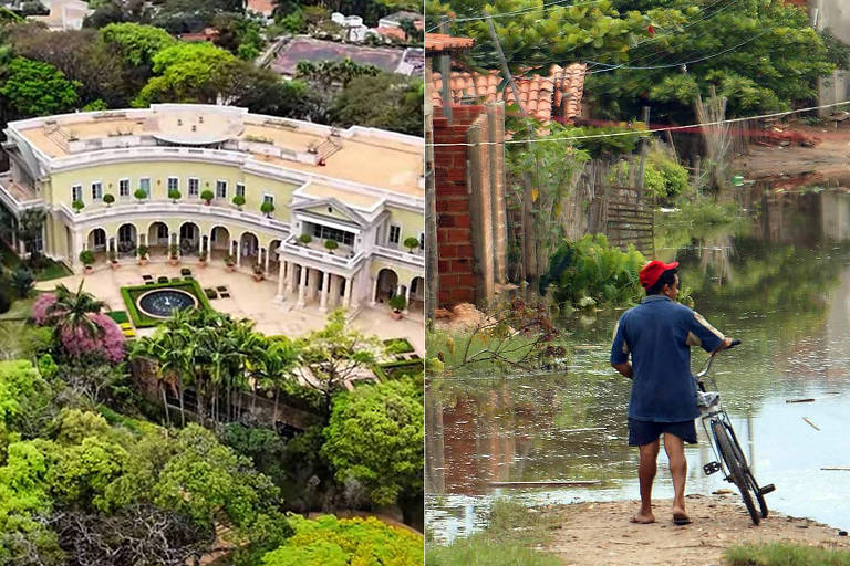 A imagem é dividida em duas partes. À esquerda， uma mansão grande e luxuosa， cercada por jardins verdes e bem cuidados， com uma piscina e várias palmeiras. À direita， um homem de bicicleta observa uma área inundada， com água cobrindo o chão e vegetação ao fundo， além de muros de tijolos visíveis. O homem usa um chapéu vermelho e roupas simples.