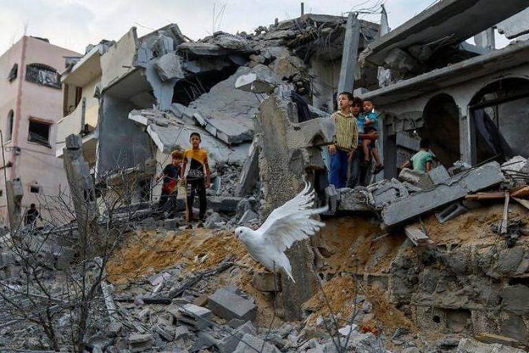 Foto mostra crianças sobre escombros observando pomba branca voando no primeiro plano. Uma das crianças está segurando outra nos braços. 