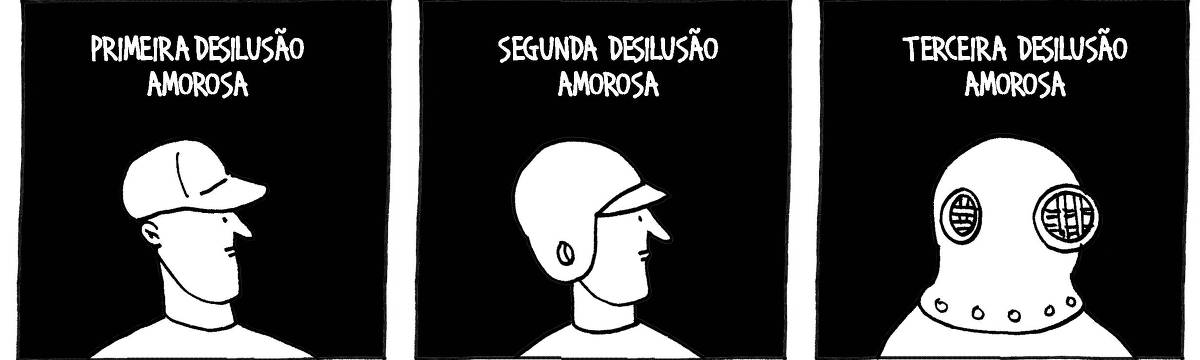 A tira de André Dahmer, publicada em 3.01.2024, tem três quadrinhos. No primeiro, um homem veste um boné. A legenda diz: "Primeira desilusão amorosa". No segundo quadrinho, o mesmo homem veste um capacete de motociclismo. A legenda diz: "Segunda desilusão amorosa". No terceiro e último quadrinho, o homem veste um escafandro. A legenda diz: "Terceira decepção amorosa".