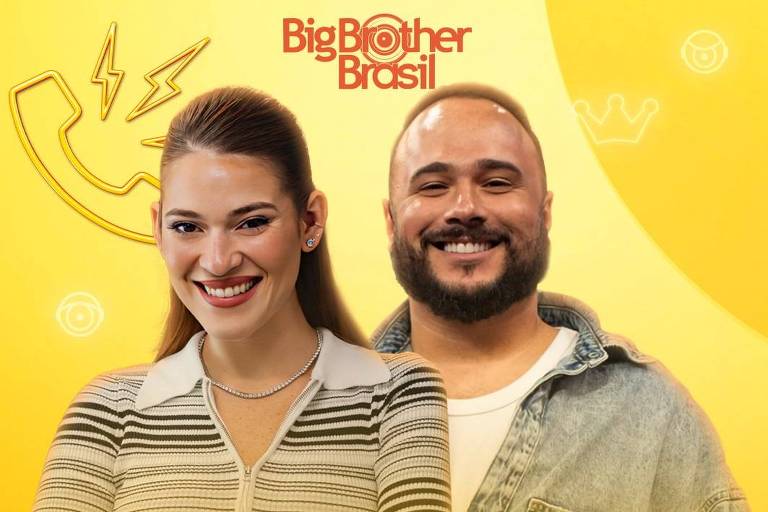 A imagem apresenta um fundo amarelo com elementos gráficos como um telefone e ícones. No centro, estão duas pessoas sorrindo: uma mulher com cabelo longo e liso, usando uma blusa listrada, e um homem com barba e cabelo curto, vestindo uma camisa jeans. Acima deles, está o logo do 'Big Brother Brasil'. Abaixo, em letras grandes e coloridas, está escrito: 'CONFIRMADOS NO BIG SHOW, NO MULTISHOW: ANA CLARA E ED GAMA'.