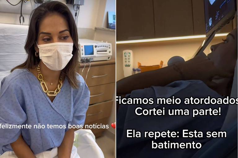 A imagem é dividida em duas partes. À esquerda, uma mulher com máscara facial está sentada em uma cama de hospital, vestindo um roupão azul claro e uma corrente dourada. Ela parece preocupada e está olhando para frente. À direita, a mesma mulher está deitada em uma cama de exame, olhando para uma tela que mostra imagens de ultrassom. O texto na imagem menciona que não há boas notícias e que ela está sem batimento cardíaco.