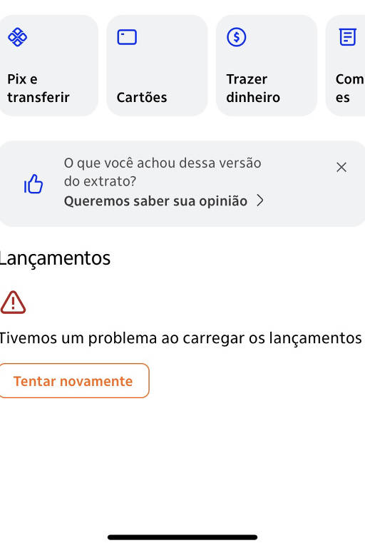 Tela com mensagens sobre problemas técnicos