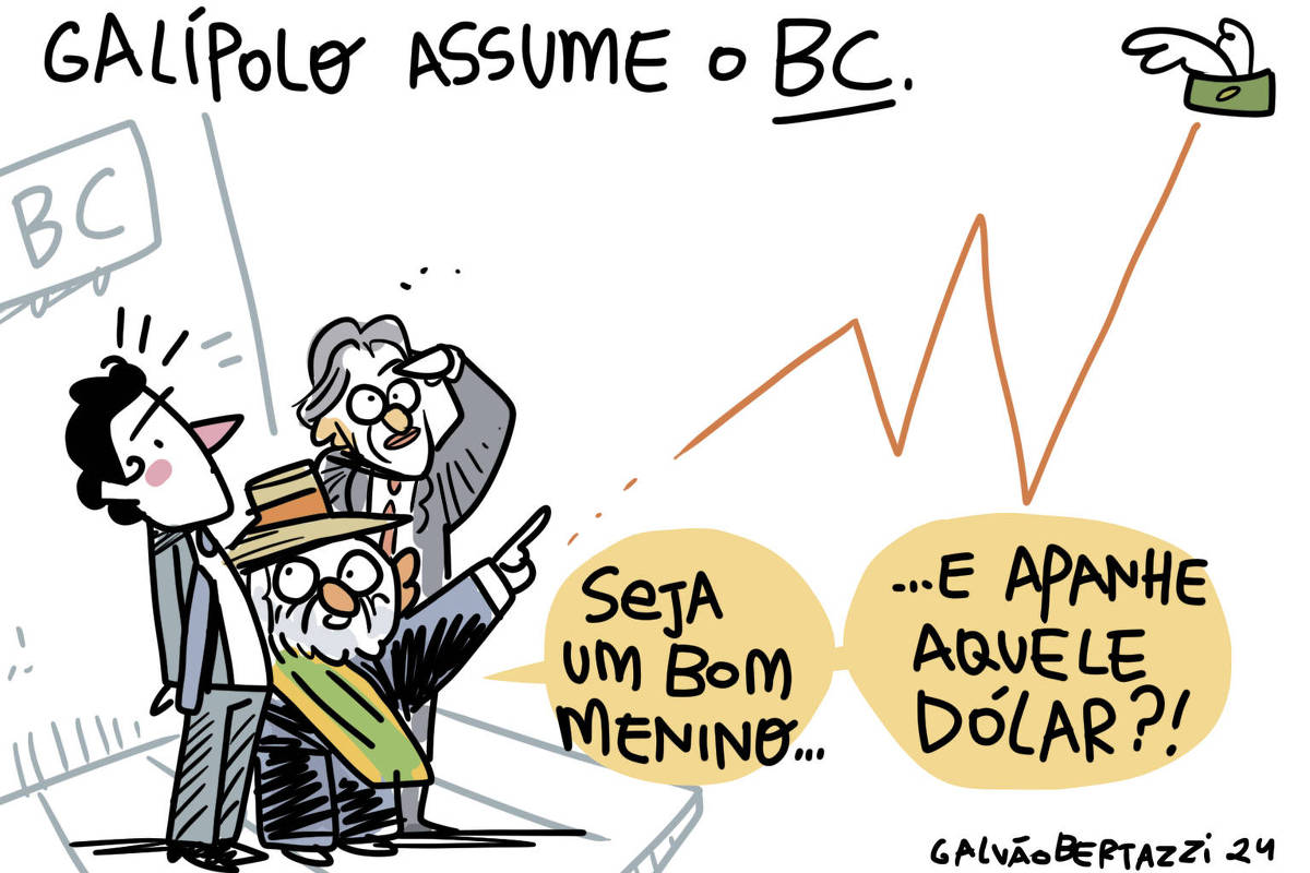 Charge de Galvão Bertazzi com o título "Galípolo assume o BC" mostra Gabriel Galípolo ao lado do presidente Lula e do ministro Fernando Haddad. Lula aponta para uma nota de dólar que está voando e diz para Galípolo: "Seja um bom menino e apanhe aquele Dólar?!".