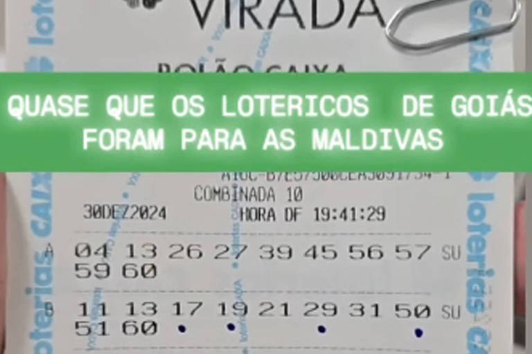 A imagem mostra um bilhete da Mega da Virada， com o logotipo da loteria no topo. O bilhete contém informações sobre os números apostados， data e local da aposta. 