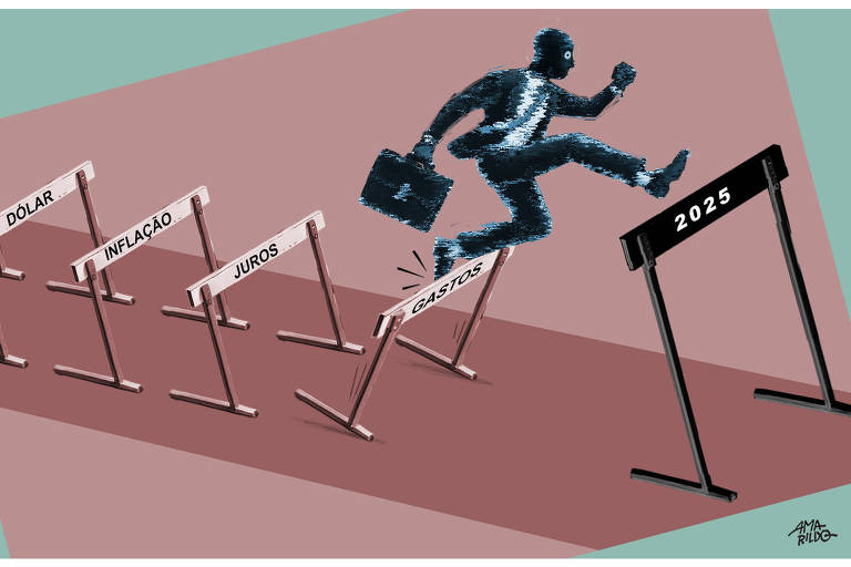 A ilustração de Amarildo, publicada na Folha de São Paulo em 5 de novembro de 2025, no formato horizontal, mostra  uma cena metafórica de superação de obstáculos econômicos. O fundo é dividido em dois tons: uma parte superior em verde-claro e uma inferior em rosa-acinzentado.  Em primeiro plano, há um personagem masculino em tons de azul escuro, estilizado e sem traços faciais definidos, que está no meio de um salto de barreiras. Ele está carregando uma pasta na mão direita. Ele está prestes a ultrapassar o último obstáculo, que é uma barreira preta com o número "2025" escrito em branco.  No chão, atrás do personagem, existem outras barreiras. Cada barreira é rotulada com palavras relacionadas a desafios econômicos: "DÓLAR," "INFLAÇÃO," "JUROS" e "GASTOS." A barreira com a palavra "GASTOS" está visivelmente quebrada, com marcas de impacto indicando que o personagem acabou de derrubá-la ao passar.  O estilo da ilustração é simples e simbólico, destacando as dificuldades econômicas como obstáculos físicos, enquanto o personagem representa alguém enfrentando e tentando superar esses desafios para alcançar o futuro representado pelo ano de 2025.  No canto inferior direito da ilustração, há uma assinatura estilizada do artista: "Amarildo.