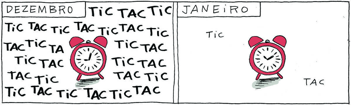 A tirinha Bicudinho, publicada em 04/01/2025, é dividida em 2 quadrinhos. No primeiro há o título: DEZEMBRO. Abaixo, um relógio com muito texto em volta: tic tac tic tac tic tac tit tac tic tac, etc... No segundo há o título: JANEIRO. Abaixo, um relógio com o texto em volta: tic tac.