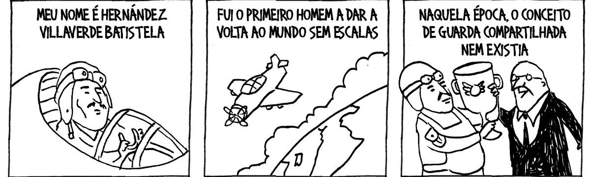 A tira de André Dahmer, publicada em 04.12.2024, tem três quadrinhos. No primeiro, um homem vestido com trajes de piloto está sentado dentro de um pequeno avião. A legenda diz: "Meu nome é Hernández Villaverde Batistela". No segundo quadrinho, um avião sobrevoa o planeta Terra. A legenda diz: "Fui o primeiro homem a dar a volta ao mundo sem fazer escalas". No terceiro quadrinho, o piloto recebe um troféu das mãos de outro homem. A legenda diz: "Naquela época, o conceito de guarda compartilhada nem existia".