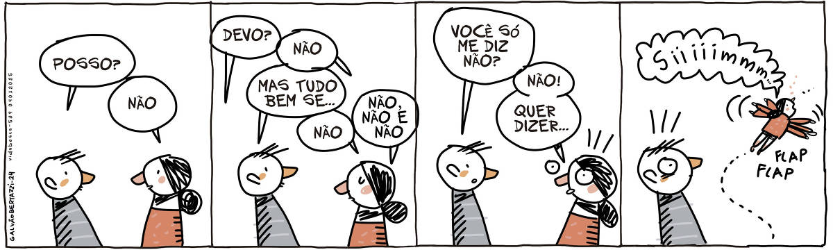 A tira de Galvão Bertazzi se chama Vida BEsta e está dividida em quatro quadros. No primeiro quadro um homem está conversando com uma mulher. O homem pergunta: Posso? A moça diz: Não? No segundo quadro o homem pergunta: Devo? Mas tudo bem se... A mulher responde: Não. Não. Não, não e não. No terceiro quadro o homem pergunta Você só me diz não? A mulher responde assustada: Não! Quer dizer... No segundo quadro a mulher bate os braços e levanda vôo enquanto grita: SIIIIIMMMM. O homem olha assustado.