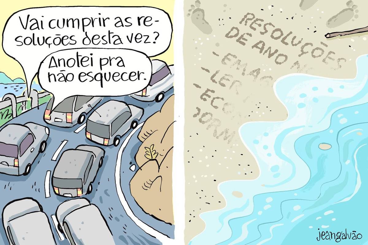 Charge de Jean Galvão está dividida em dois quadros. O primeiro mostra uma estrada cheia de carros em um engarrafamento subindo a serra, se distanciando do mar. Dentro de um dos carros, dois balões de fala aparecem. Um pergunta: “Vai cumprir as resoluções desta vez?”. O outro responde “Anotei pra não esquecer”. O segundo quadro mostra a areia de uma praia, onde as “resoluções de ano novo” foram escritas. As palavras estão se apagando com a chegada das ondas do mar. As resoluções listadas incluem: emagrecer, ler, economizar e dormir.