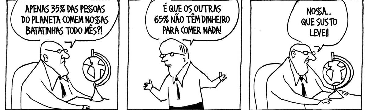 A tira de André Dahmer, publicada em 06.01.2024, tem três quadrinhos. No primeiro, um homem de gravata está na frente de um globo terrestre escolar. Ele pergunta para alguém que está fora do quadro: "Apenas 35% das pessoas do planeta comem nossas batatinhas todo mês?. No segundo quadrinho, outro homem de gravata responde: "É que as 65% restantes não têm dinheiro para comer nada!". No terceiro quadrinho, o primeiro homem conclui: "Nossa... que susto levei!".