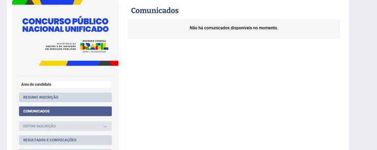 A imagem mostra uma página de um site de concurso público nacional. No lado esquerdo， há um menu com opções como 039;Inscrições039;， 039;Editais039;， 039;Resultados039;， entre outros. O cabeçalho apresenta o título 039;CONCURSO PÚBLICO NACIONAL UNIFICADO039; com um logotipo colorido. A parte central da página está em branco， indicando que não há conteúdo visível nessa seção.