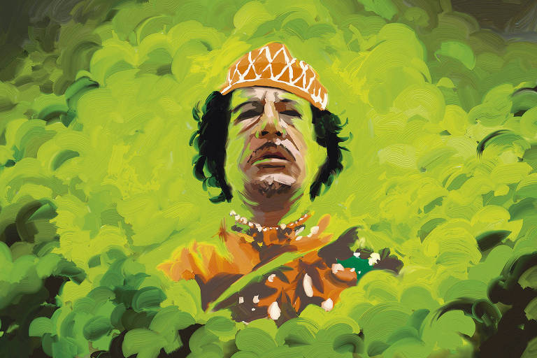 A ilustração de Adams Carvalho， publicada na Folha de São Paulo no dia 05 de Janeiro de 2025， mostra o desenho do ex ditador líbio Muammar Al Gaddafi envolto em uma fumaça verde.