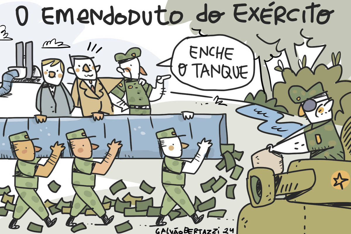 Na charge de Galvão Bertazzi temos a legenda: O emendoduto do exército. O desenho de vários soldados carregando um enorme duto que começa lá no Congresso Nacional. Deste duto jorra dinheiro que se espalha pelo chão e o duto é levado até um tanque de guerra, onde um comandante está com os braços estendidos segurando uma sacola. Atrás deles dois deputados um general estão juntos. O General dá a ordem: Enche o tanque!