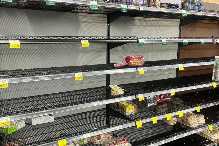 Prateleira de supermercado praticamente vazia， com alguns pacotes de pão de forma espalhados pelas prateleiras. 