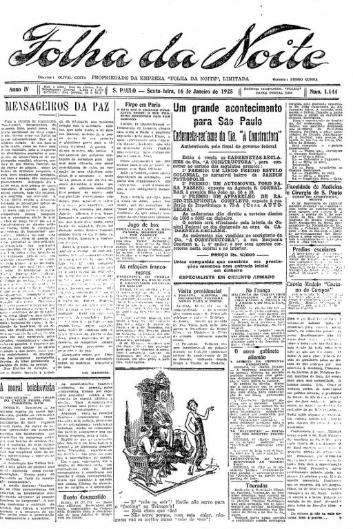 Primeira Página da Folha da Noite de 16 de janeiro de 1925