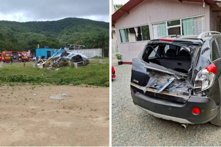 A imagem é dividida em duas partes. À esquerda, há um helicóptero acidentado em um campo, com destroços visíveis e uma área verde ao fundo, além de veículos de emergência. À direita, um carro preto com a parte traseira danificada, mostrando a estrutura interna exposta, estacionado em uma área de cascalho, próximo a uma casa com janelas grandes.