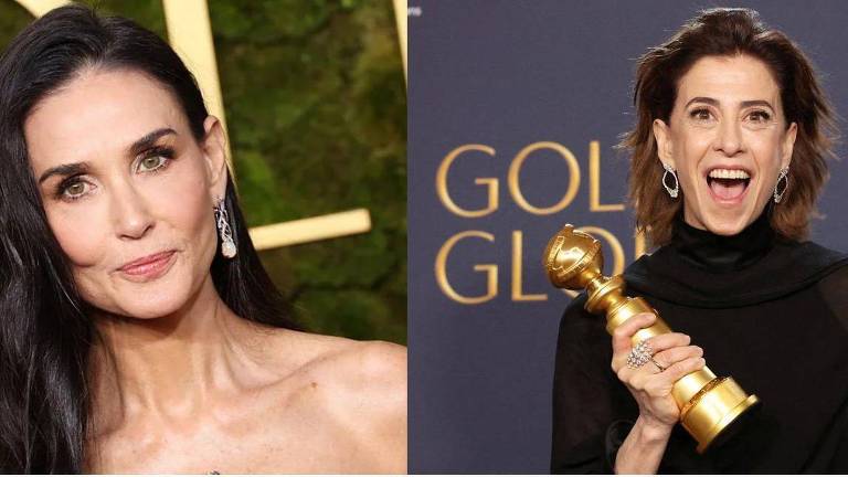 Demi Moore e Fernanda Torres em uma montagem com fotos tiradas na premiação do Globo de Ouro