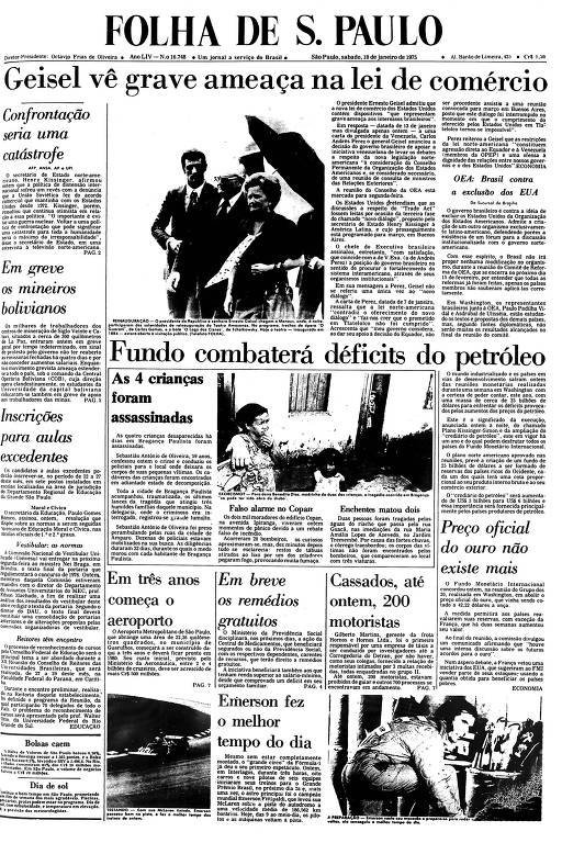 Primeira Página da Folha de 18 de janeiro de 1975