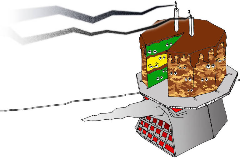 Na ilustração， sobre fundo branco com traços retos em bico de pena， uma grande cabeça de cimento em tons de cinza， a boca aberta mostra， no lugar de dentes， grades de uma prisão. Sobre a cabeça de olhos vermelhos fogo， um chapéu que nada mais é do que um prato com um bolo de três andares acima. Com duas velinhas recém apagadas， largando fumaça. No bolo falta uma boa fatia e， por isso pode se ver o recheio， uma andar verde， o seguinte amarelo e o terceiro， verde novamente. Com cobertura de chocolate， e decorado em volta com cremes que semelham um camuflado em tons marrons， claro， mais escuro e por último， chocolate， tudo mesclado. Na cobertura do bolo e no interior， vários pares de olhos abertos.