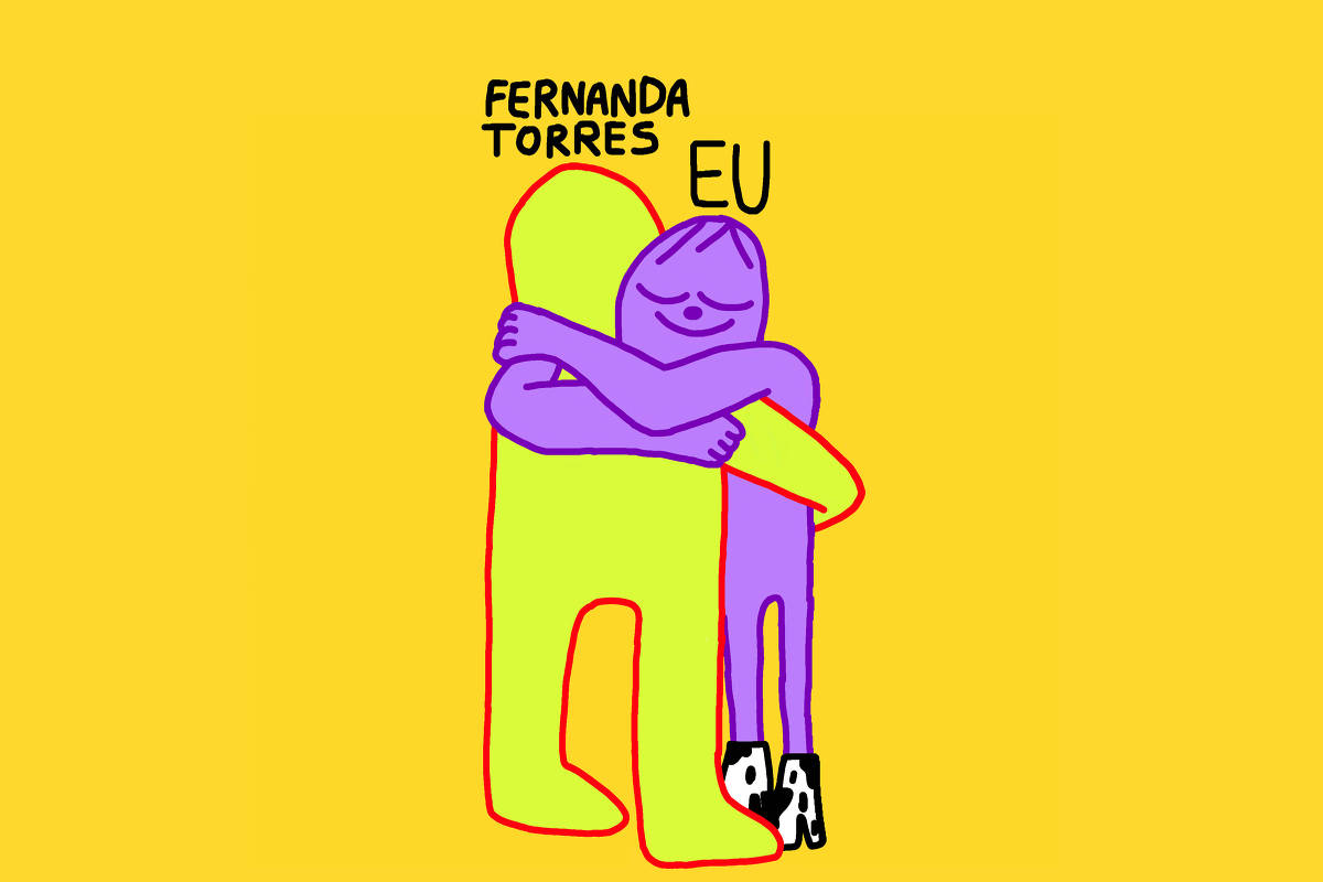 A imagem apresenta duas figuras estilizadas se abraçando. A figura à esquerda é verde e a figura à direita é roxa, ambas com traços simples e expressões amigáveis. Acima das figuras, está escrito 'FERNANDA TORRES' e 'EU' em letras pretas. O fundo é amarelo.