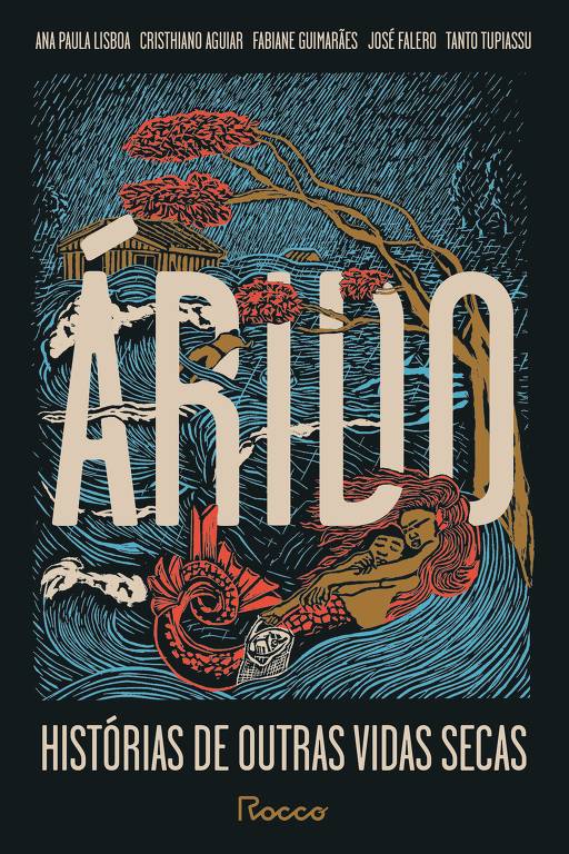 A imagem mostra a capa do livro 'Árido', com ilustrações coloridas. O título 'ÁRIDO' está em letras grandes e brancas, centralizado. Abaixo, está escrito 'HISTÓRIAS DE OUTRAS VIDAS SECAS' em letras menores. A arte apresenta um cenário com um rio, uma casa, árvores e figuras humanas, evocando um ambiente natural e dramático. No canto inferior direito, está o nome da editora 'Rocco'.