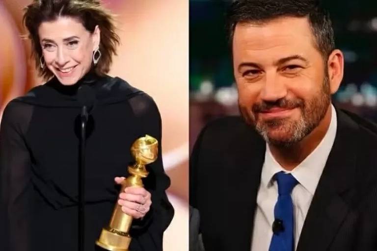 A atriz Fernanda Torres e o apresentador Jimmy Kimmel em montagem