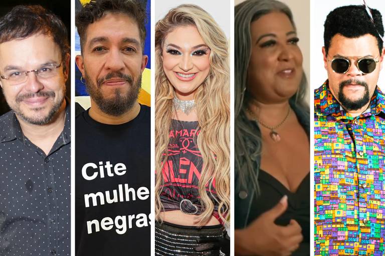 Montagem com 5 pessoas. Um homem brabnco, um homem negro, uma mulher branc, uma mulher negra e um homem negro. 