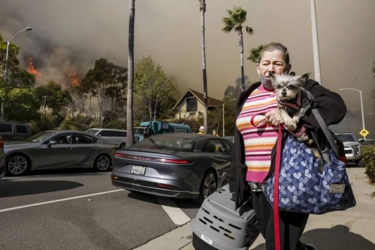 Uma mulher está em uma rua， segurando um cachorro pequeno e uma bolsa. Ela parece estar evacuando devido a um incêndio florestal visível ao fundo， com fumaça e chamas. Vários carros estão estacionados ao lado dela， e há árvores e uma casa ao fundo.