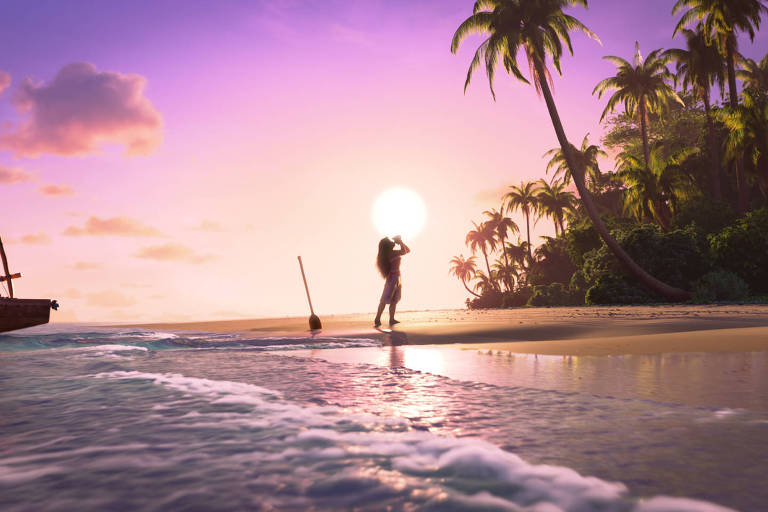 A imagem mostra uma praia ao pôr do sol， com um barco de vela à esquerda e uma figura humana em silhueta à direita， segurando um objeto. O céu é colorido em tons de rosa e roxo， e há palmeiras ao fundo. A água do mar reflete a luz do sol， criando um efeito brilhante na areia.