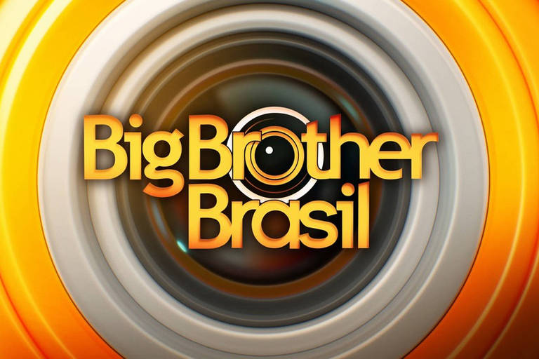 A imagem apresenta o logotipo do programa 'Big Brother Brasil', com letras em amarelo sobre um fundo que apresenta um efeito de espiral em tons de laranja e cinza. O logotipo é centralizado e destaca-se com um círculo preto no meio da letra 'o' de 'Brother'.