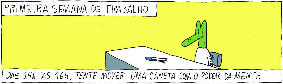 A tirinha Bicudinho, publicada em 10/01/2025, intitulada: PRIMEIRA SEMANA DE TRABALHO, traz ROBERTINHO, um lagarto verde com camiseta branca sentado em uma mesa olhando para uma caneta. Abaixo, a legenda: Das14h às 16h, tente mover uma caneta com o poder da mente.