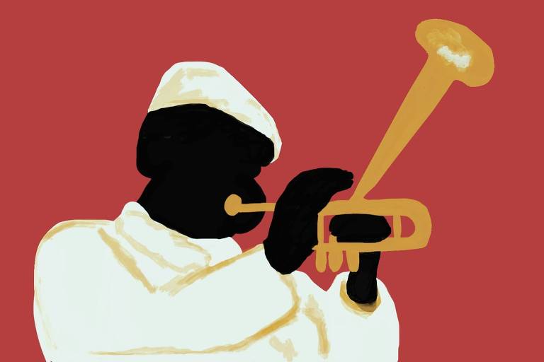 Ilustração de fundo vermelho， ao centro está a figura do trompetista Dizzy Gillespie. Ele é um homem negro e usa um terno e boina brancos enquanto toca seu trompete， fazendo com que suas bochechas se encham de ar， o que é muito comum ver em suas fotografias e registros em audiovisual. 