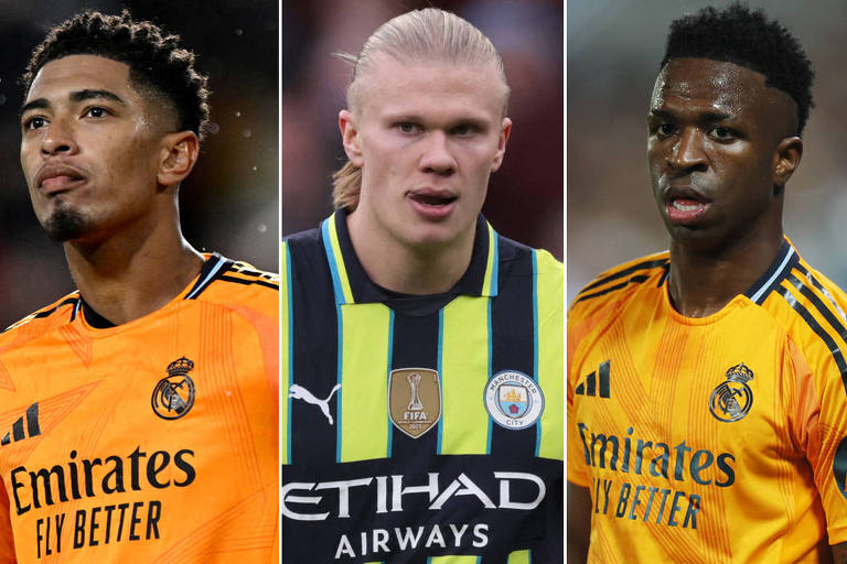 Montagem mostra os jogadores de futebol Jude Bellingham， do Real Madrid， Erling Haaland， do Manchester City， e Vinicius Junior， do Real Madrid， os mais valiosos em ranking do Cies， centro de estudos suíço