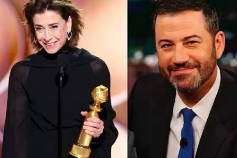 A atriz Fernanda Torres e o apresentador Jimmy Kimmel em montagem