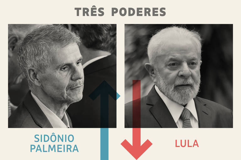 A imagem apresenta duas figuras: à esquerda， Sidônio Palmeira， e à direita， Lula. Acima de Sidônio， há uma seta apontando para cima， enquanto abaixo de Lula， uma seta aponta para baixo. O título 039;TRÊS PODERES039; está centralizado na parte superior da imagem. A imagem é em preto e branco， com um fundo claro.