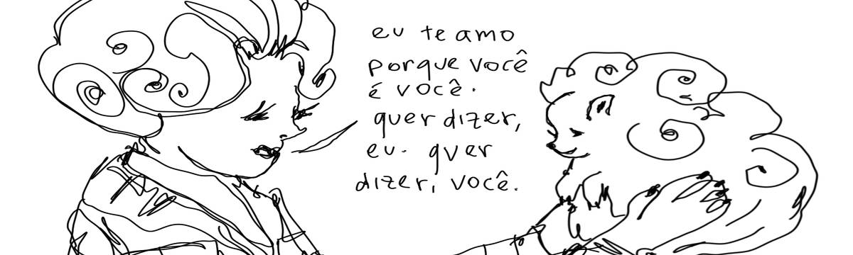 A tirinha em preto e branco de Estela May, publicada em 11/01/25, traz uma mulher segurando um cachorro muito parecido com ela. Ela diz “eu te amo porque você é você. quer dizer, eu. quer dizer, você”.