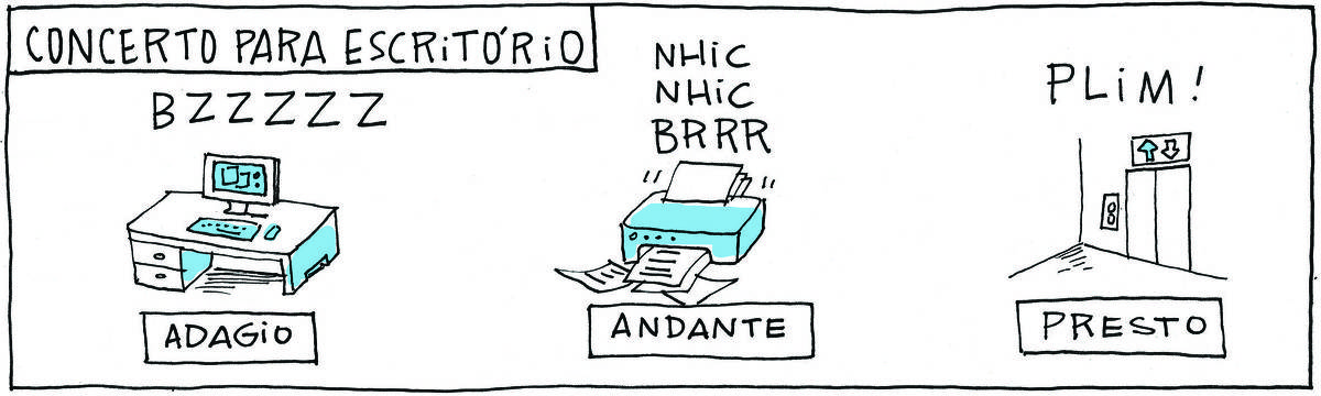 A tirinha CONCERTO PARA ESCRITÓRIO é dividida em três movimentos. O primeiro, ADAGIO, traz um computador de mesa fazendo BZZZZZZ. O segundo, ANDANTE, traz uma impressora imprimindo em papéis fazendo NHIC NHIC BRRR. O terceiro, PRESTO, traz um elevador com a luz acesa fazendo PLIM!