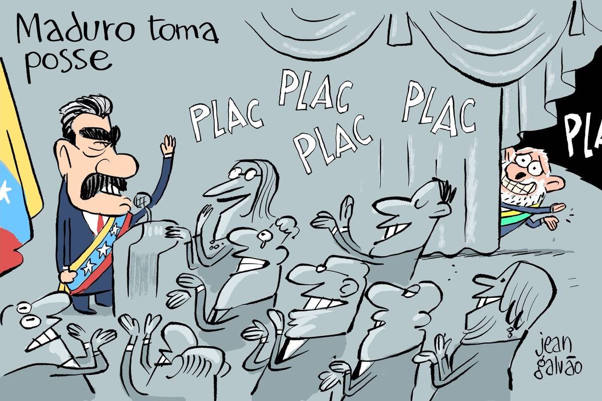 Charge de Jean Galvão com o título “Maduro toma posse” mostra o ditador da Venezuela, Nicolás Maduro, em sua cerimônia de posse, sendo aplaudido por uma plateia entusiasmada. No canto direito, escondido atrás de uma cortina, aparece discretamente o presidente Lula, com um sorriso amarelo e uma expressão sem graça, também batendo palmas.