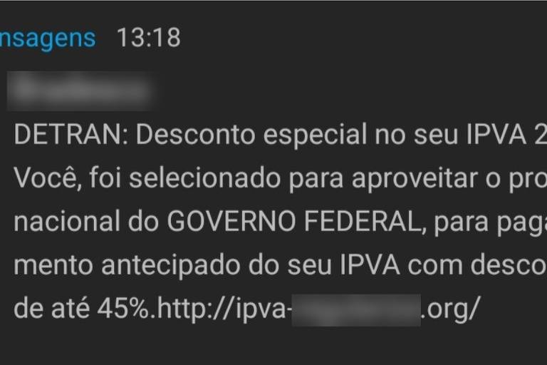 A imagem mostra uma mensagem de texto informando sobre um desconto especial no IPVA 2025. O texto menciona que a pessoa foi selecionada para aproveitar um programa nacional do governo federal， que oferece descontos de até 45% no pagamento do IPVA. Há um link no final da mensagem.