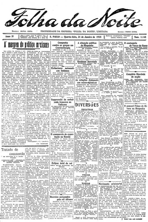 Primeira Página da Folha da Noite de 21 de janeiro de 1925